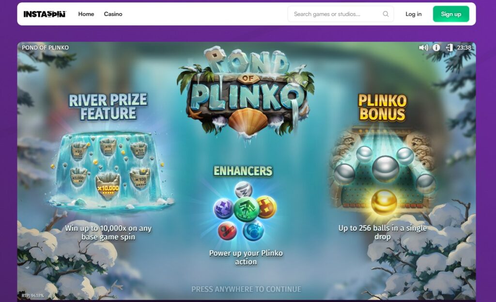 Pond of Plinko-game bij Instaspin, met functies zoals de River Prize Feature en tot 10.000x op een enkele spin