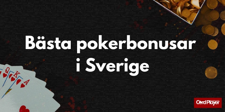 Bästa pokerbonusar i Sverige text med spelkort och guldmynt i bakgrunden.