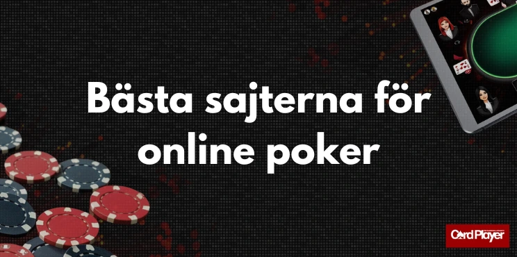 Svart bakgrund med texten bästa sajterna för online poker, spelmarker och en surfplatta med nätpokerspel.