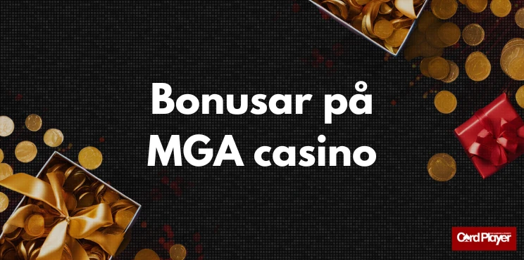 Texten bonusar på MGA casino, guldmynt och inslagna paket med rosetter på en mörk bakgrund.