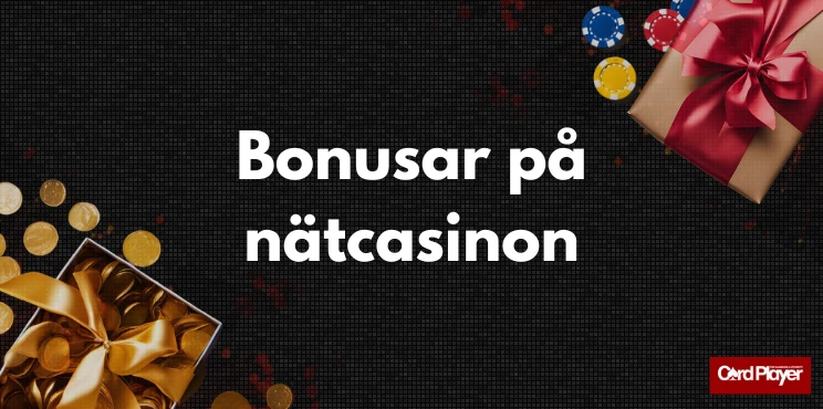 Texten bonusar på nätcasinon, spelmarker, guldmynt och inslagna paket med rosetter på en mörk bakgrund.