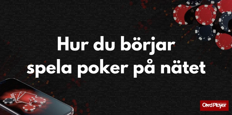 Svart bakgrund med texten hur du börjar spela poker på nätet, spelkort, marker och mobiltelefon med online pokerspel.