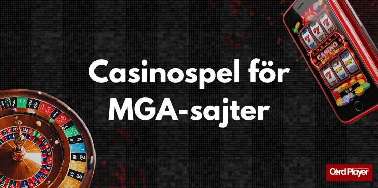 Texten casinospel för MGA-sajter, ett roulettehjul och en mobilskärm som visar slots på en mörk bakgrund.