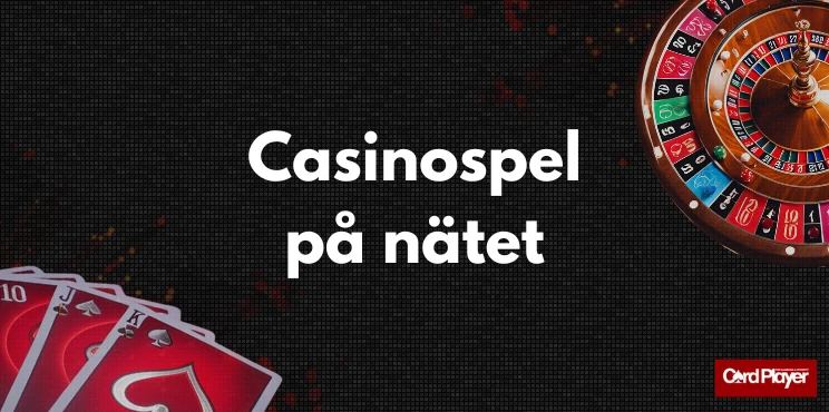 Texten casinospel på nätet, ett roulettehjul och spelkort i rött med spader och hjärter på en mörk bakgrund.