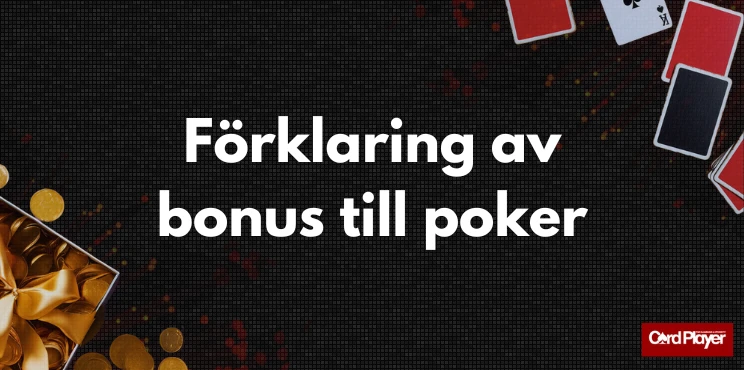 Förklaring av bonus till poker text med kortlek och guldband som detalj.