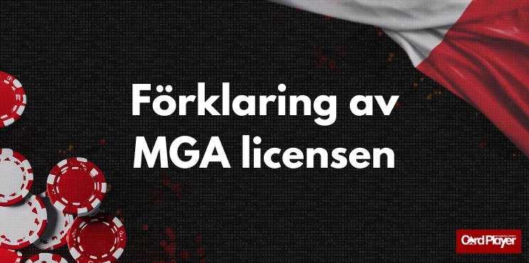 Texten förklaring av MGA licensen,"röda spelmarker och Maltas flagga syns på en mörk bakgrund.