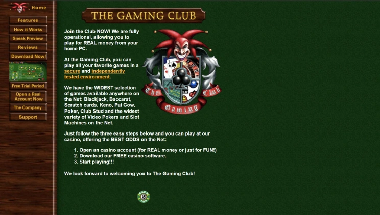 Skärmbild på The Gaming Club online casino från 1998.