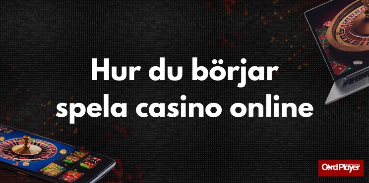 Texten hur du börjar spela casino online, en mobilskärm och en laptop som visar roulette på en mörk bakgrund.