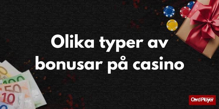 Text med titeln olika typer av bonusar på casino med pengar och en present med röd rosett i bakgrunden.