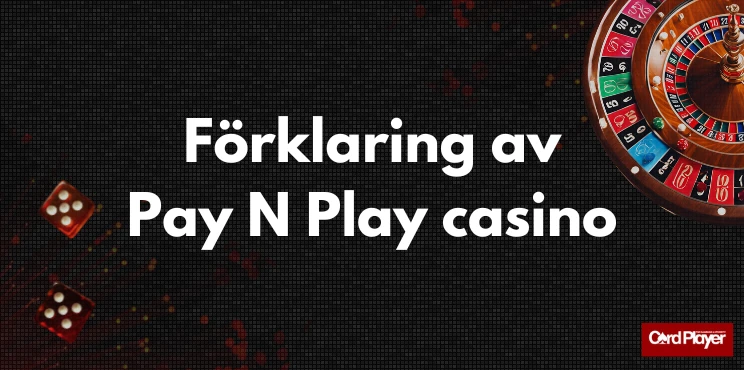 Bild med texten förklaring av Pay N Play casino, ett roulettehjul och tärningar på en mörk bakgrund.