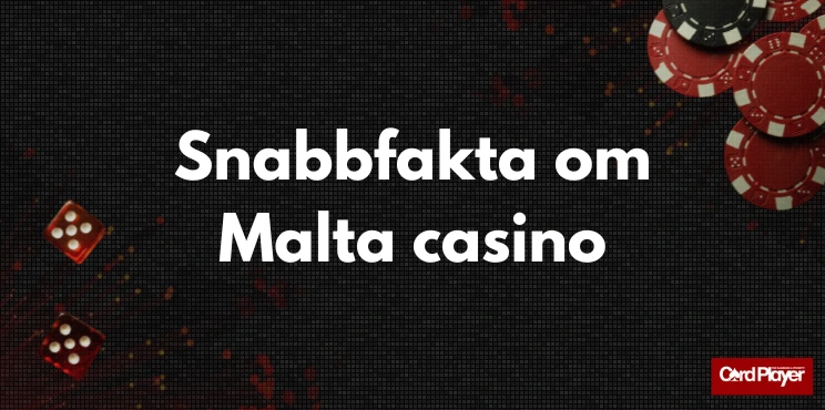 Texten snabbfakta om Malta casino, röda tärningar och spelmarker visas på en mörk bakgrund.