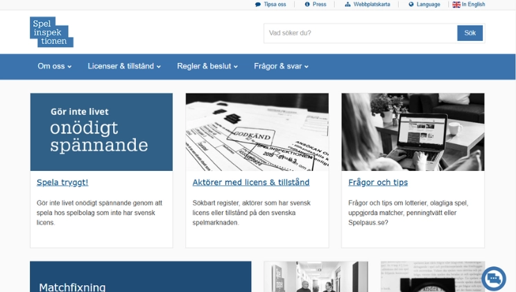 Skärmbild av Spelinspektionens webbplats med menyer och sektioner för licenser, regler, frågor och tips samt speltrygghet.