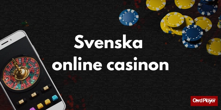 Texten svenska online casinon, en mobilskärm med roulette och spelmarker i gult och blått på en mörk bakgrund.