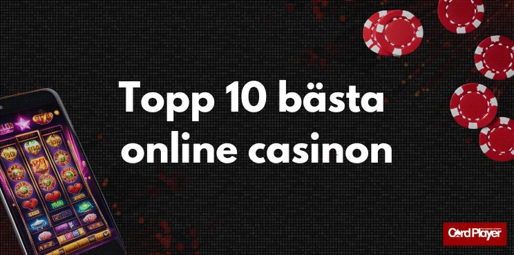 Texten topp 10 bästa online casinon, en mobilskärm med slots och röda spelmarker på en mörk bakgrund.