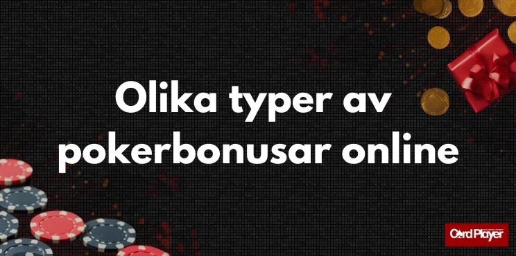 Olika typer av pokerbonusar online text med spelmarker och mynt som dekoration.