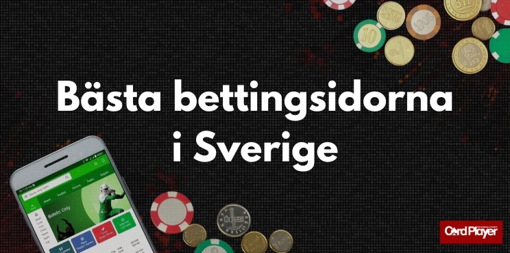 Mobilapp för betting, marker och mynt på svart bakgrund med texten Bästa bettingsidorna i Sverige.