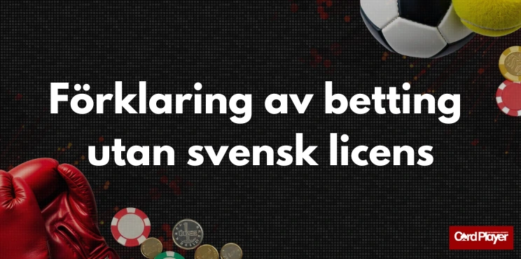 Röda boxhandskar, spelmarker, en fotboll och mynt med texten förklaring av betting utan svensk licens.