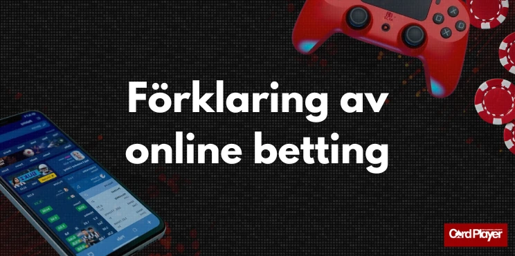 Mobilapp för betting, spelkontroll och marker på svart bakgrund med texten Förklaring av online betting.